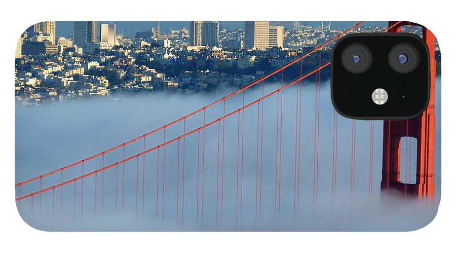 San Francisco iPhone 12 Case featuring the photograph Golden Gate Bridge Tower in Sunshine and Fog by Jeff Lowe