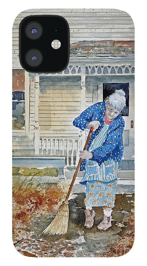 A Grandmother Sweeps The Autumn Leaves Off Her Walk In Front Of Her Home. iPhone 12 Case featuring the painting Grandma by Monte Toon