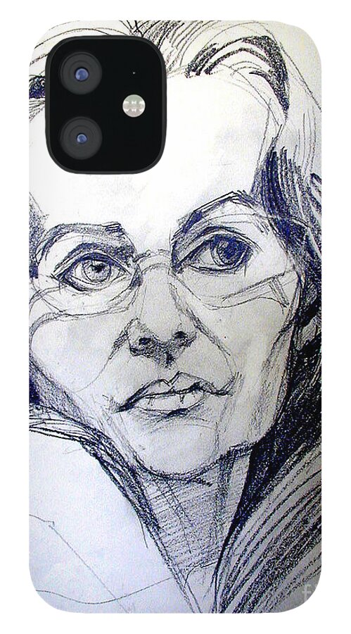  iPhone 12 Case featuring the drawing Graphite Portrait Sketch of a Woman with Glasses by Greta Corens