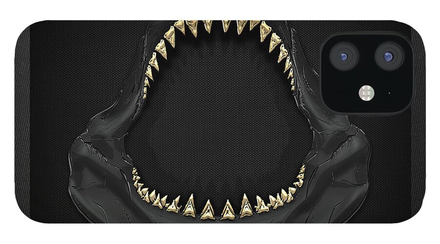 black On Black Collection By Serge Averbukh iPhone 12 Case featuring the photograph Great White Shark Jaws with Gold Teeth by Serge Averbukh