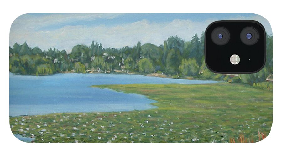 Landscape iPhone 12 Case featuring the painting Green Lake Lilies by Stan Chraminski