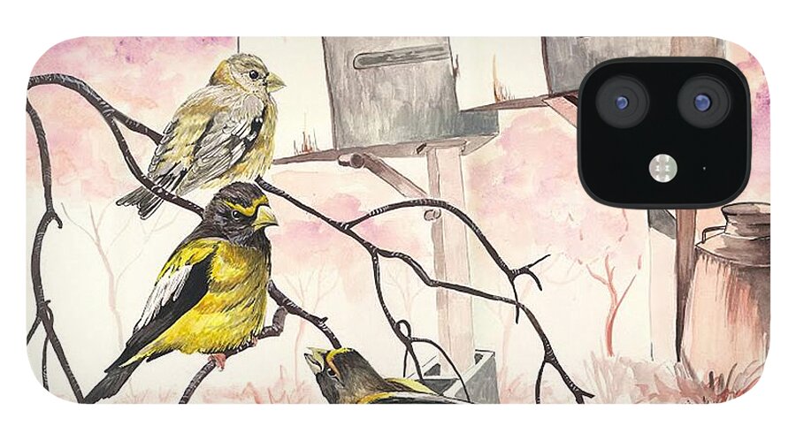 Grosbeaks iPhone 12 Case featuring the painting Grosbeaks by Darren Cannell