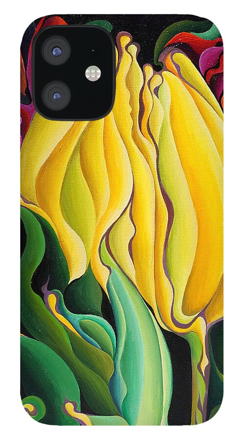 Tulips iPhone 12 Case featuring the painting Happy-Time Yellow Three-Lips by Amy Ferrari