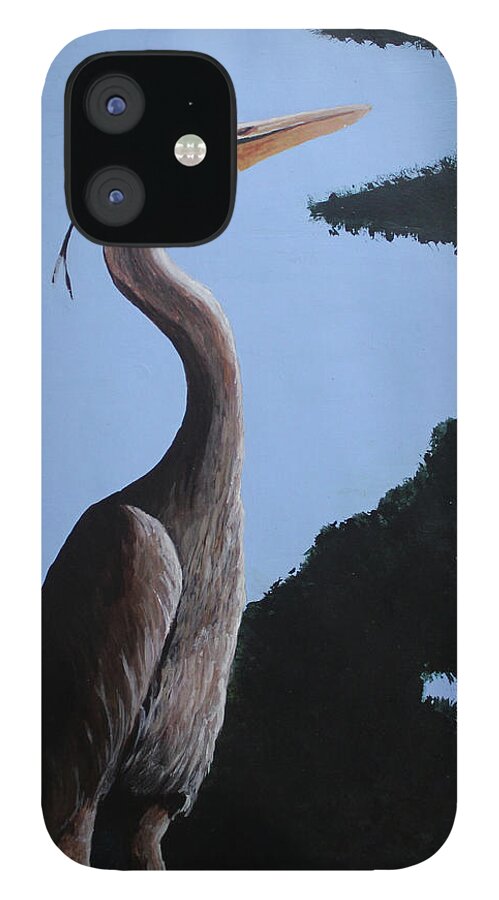 Bird iPhone 12 Case featuring the painting Heron in the trees by April Burton