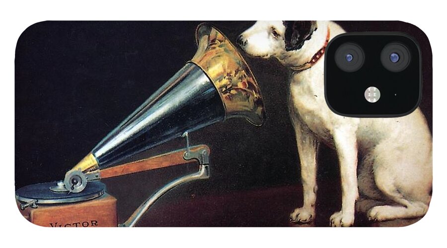 His Master's Voice iPhone 12 Case featuring the mixed media His Master's Voice - HMV - Dog and Gramophone - Vintage Advertising Poster by Studio Grafiikka