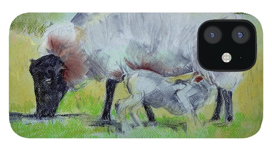  iPhone 12 Case featuring the painting Hungry Lamb by Kathleen Barnes