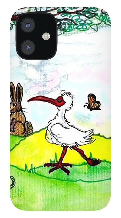 Ibis iPhone 12 Case featuring the drawing Ibis and friends listening by Carol Allen Anfinsen