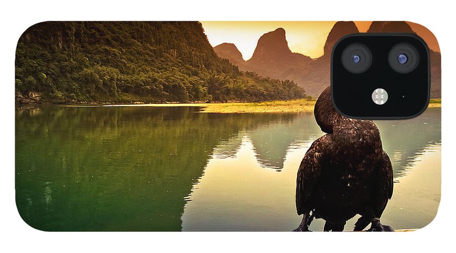 Sunset iPhone 12 Case featuring the photograph In the rest of cormorant watching the sunset-China Guilin scenery Lijiang River in Yangshuo by Artto Pan
