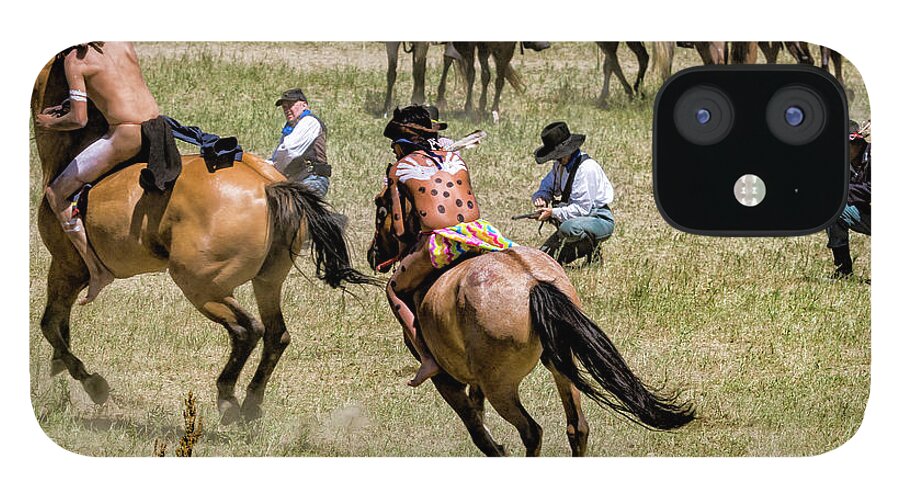 Little Bighorn Re-enactment iPhone 12 Case featuring the photograph Indian Warriors Engaging The Cavalry by Donald Pash