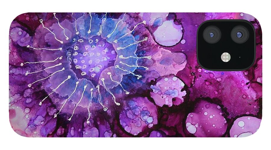 Alcohol Ink iPhone 12 Case featuring the painting Jelly Blooms by Beth Kluth