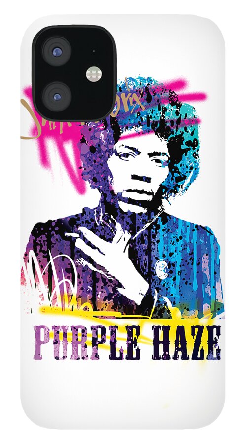 Jimi iPhone 12 Case featuring the mixed media JIMI- purple haze by Art Popop