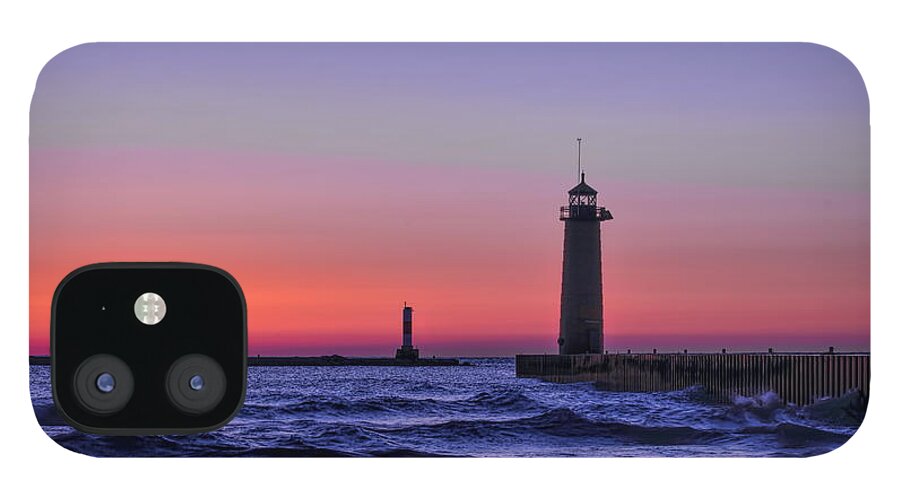 Lighthouse iPhone 12 Case featuring the photograph Kenosha Lighthouse Blue Waves by Dale Kauzlaric