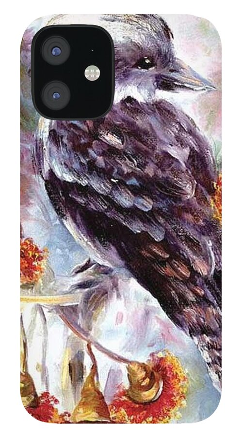 Kookaburra iPhone 12 Case featuring the painting Kookaburra in red flowering gum by Ryn Shell