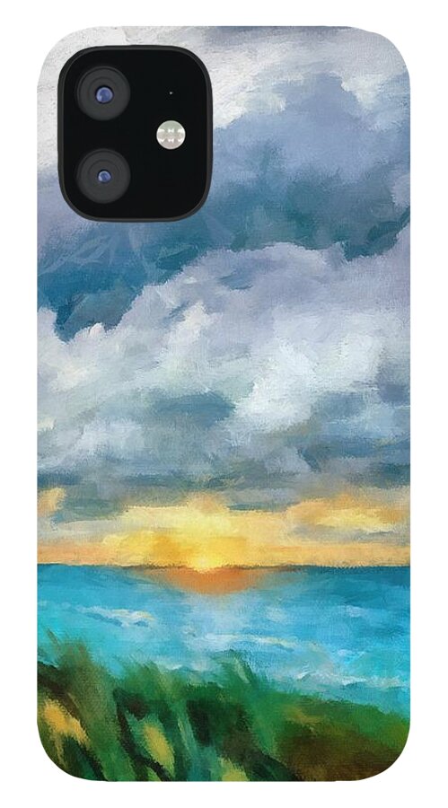 Golden iPhone 12 Case featuring the painting Lake Michigan Sunset by Michelle Calkins