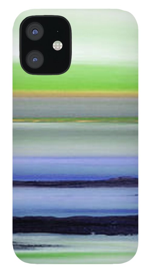 Sunset iPhone 12 Case featuring the painting Lava Rock Panoramic Sunset in Green and Blue by Gina De Gorna