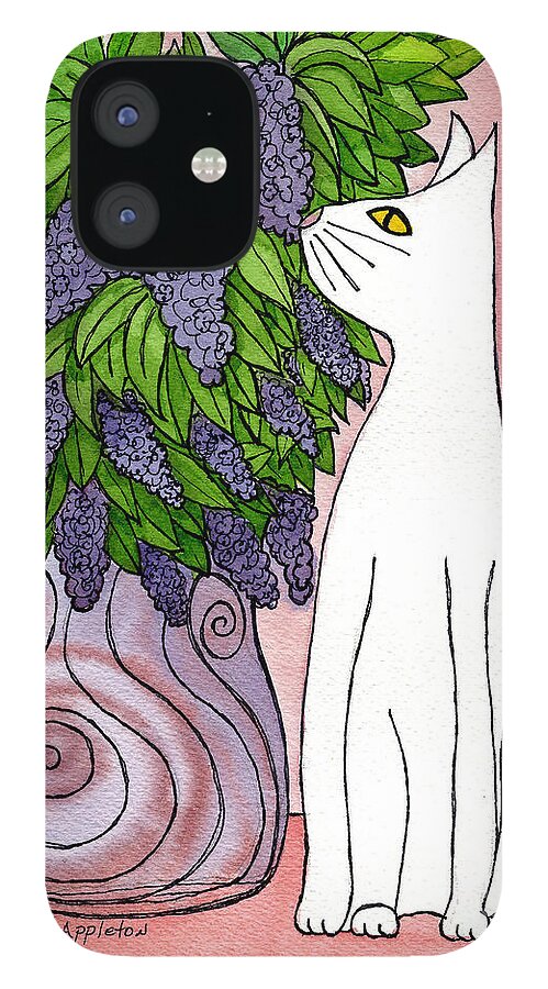Lilac iPhone 12 Case featuring the painting Lilac Sniffing Cat by Norma Appleton