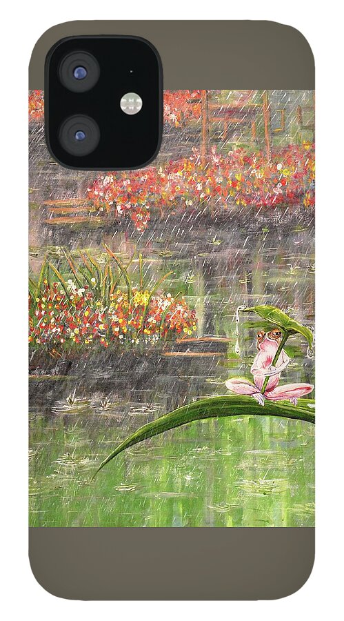 Art iPhone 12 Case featuring the painting Little Frog in the Rainy Pond by Medea Ioseliani