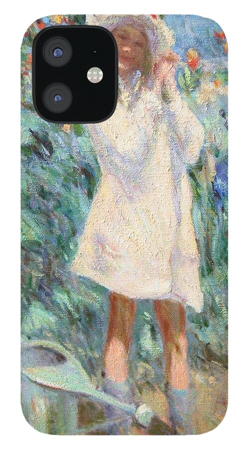 Watering Can iPhone 12 Case featuring the painting Little girl with roses / detail by Pierre Dijk