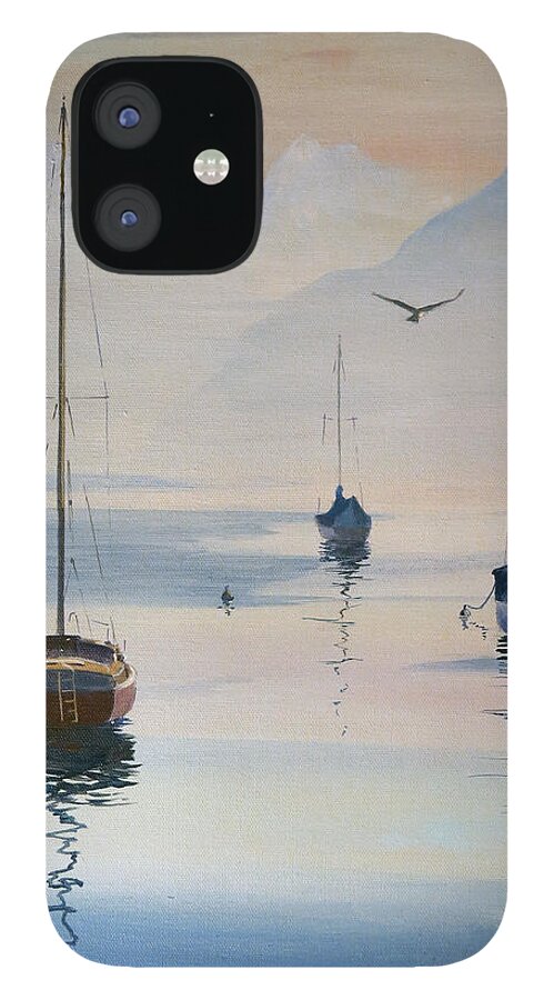 Locarno iPhone 12 Case featuring the painting Locarno Boats in February-2 by David Gilmore