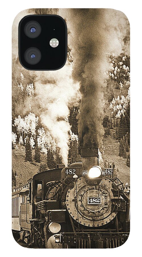Train iPhone 12 Case featuring the photograph Locomotive To The Past Sepia, Durango Silverton Narrow Gauge, Colorado by Don Schimmel