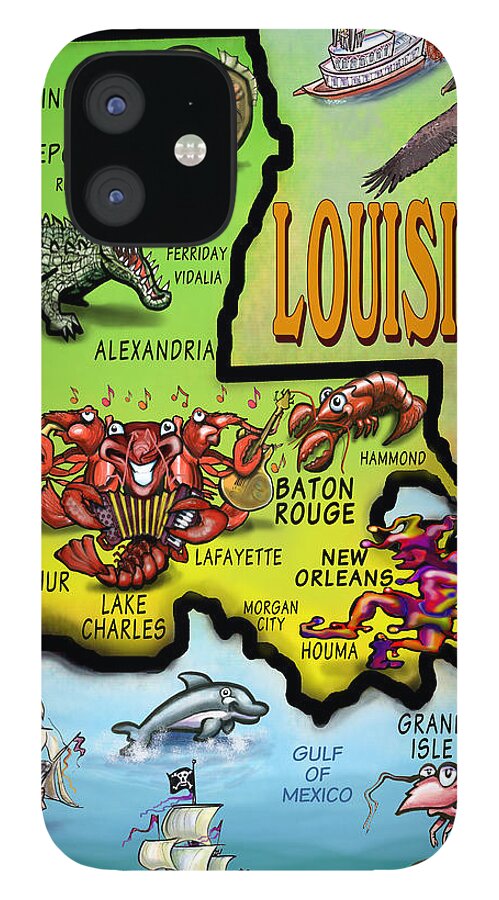 Louisiana iPhone 12 Case featuring the digital art Louisiana Cartoon Map by Kevin Middleton