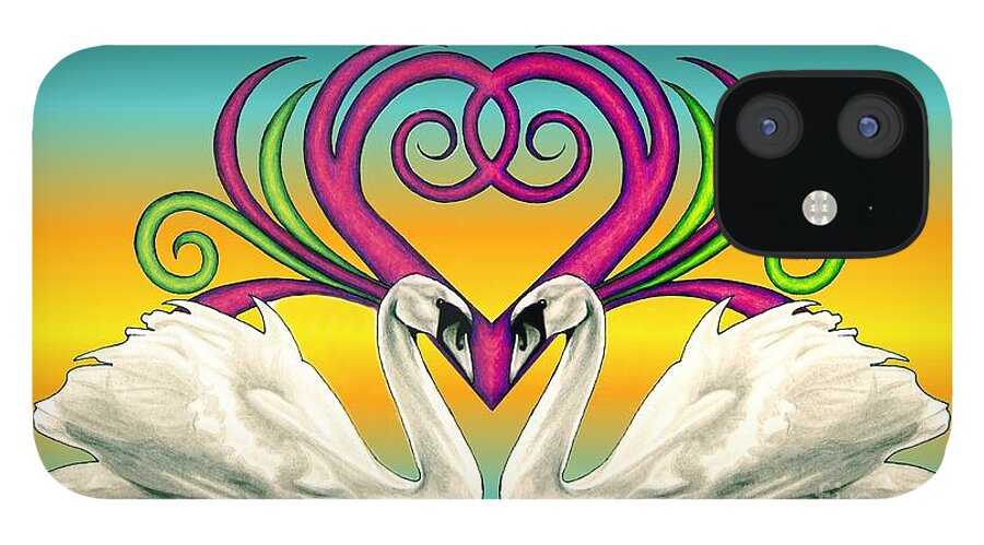 Swan iPhone 12 Case featuring the drawing Loving Souls by Sheryl Unwin