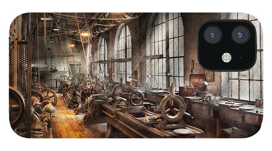 Hdr iPhone 12 Case featuring the photograph Machinist - A room full of Lathes by Mike Savad