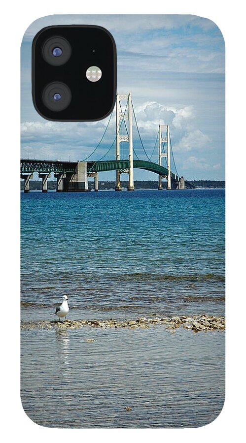 Usa iPhone 12 Case featuring the photograph Mackinac Bridge private seagull Beach by LeeAnn McLaneGoetz McLaneGoetzStudioLLCcom