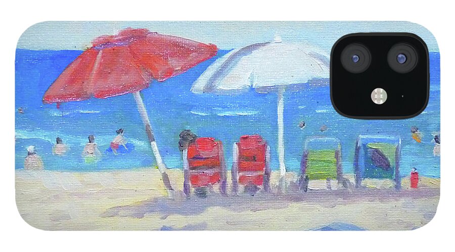 Plein Air iPhone 12 Case featuring the painting Magic Sands Umbrellas by Stan Chraminski