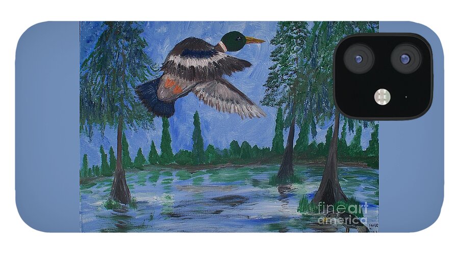 Mallard Over Swamp iPhone 12 Case featuring the painting Mallard Over Swamp by Seaux-N-Seau Soileau