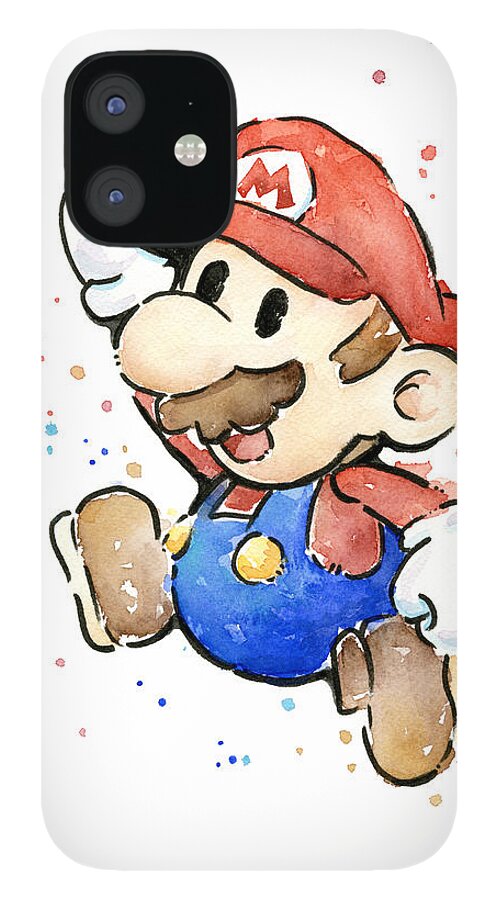 Video Game iPhone 12 Case featuring the painting Mario Watercolor Fan Art by Olga Shvartsur