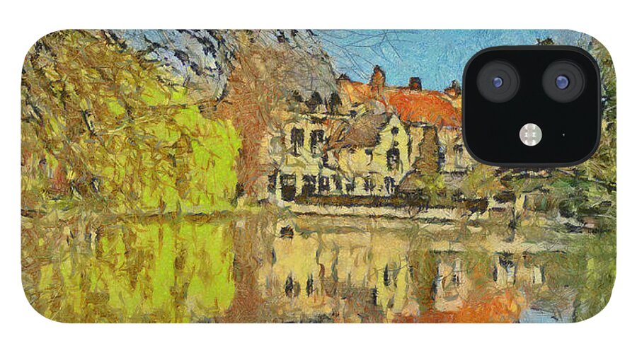 Belgium iPhone 12 Case featuring the digital art Minnewater Lake in Bruges Belgium by Digital Photographic Arts
