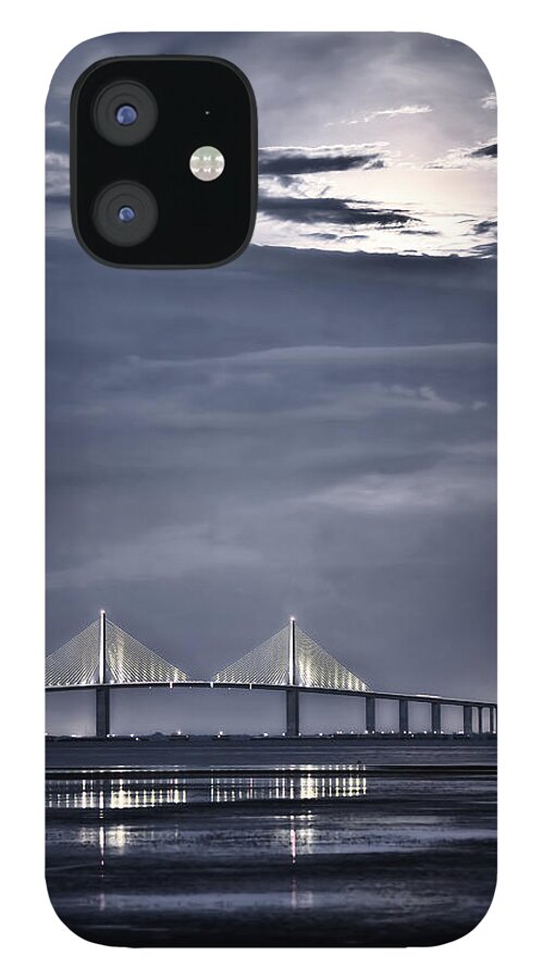 Moon iPhone 12 Case featuring the photograph Moonrise Over Sunshine Skyway Bridge by Steven Sparks