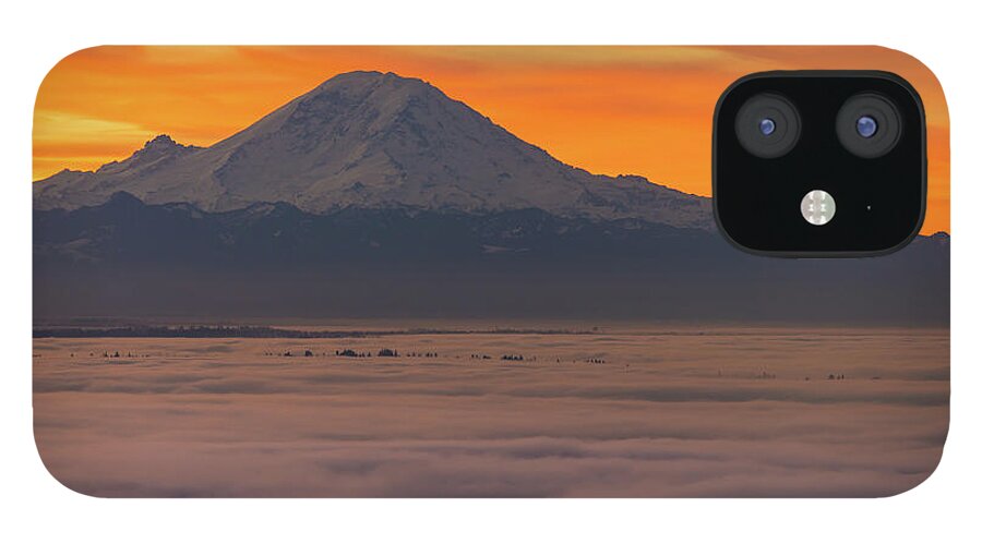 Mount Rainier iPhone 12 Case featuring the photograph Mount Rainier Sunrise Light Above the Fog by Mike Reid