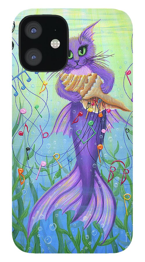 Cat Decor iPhone 12 Case featuring the painting Musical Mercat - Purple Mermaid Cat by Carrie Hawks