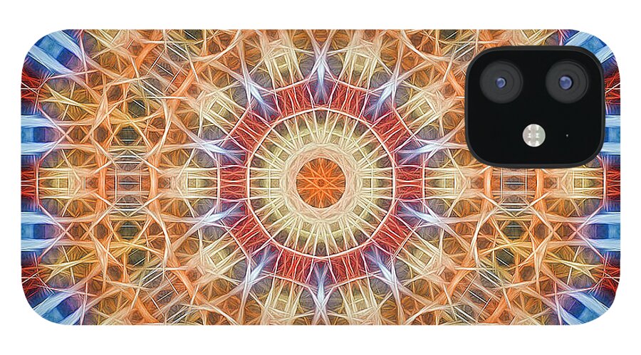 Tao Mandala Decagon Gold Red Blue Barger T-shirt Scarf Neon Electric Glow Square iPhone 12 Case featuring the painting Neon Mandala #12 - Gold by Will Barger