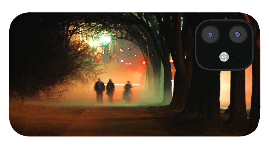 City Night Fog Companions People Dark Evening Lights Glow Traffic Sidewalk Dark Darkness iPhone 12 Case featuring the photograph Night Fog in the City by Frances Miller
