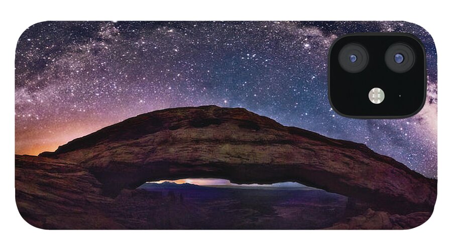 Lena Owens iPhone 12 Case featuring the digital art Night Sky Over Mesa Arch Utah by Lena Owens - OLena Art Vibrant Palette Knife and Graphic Design