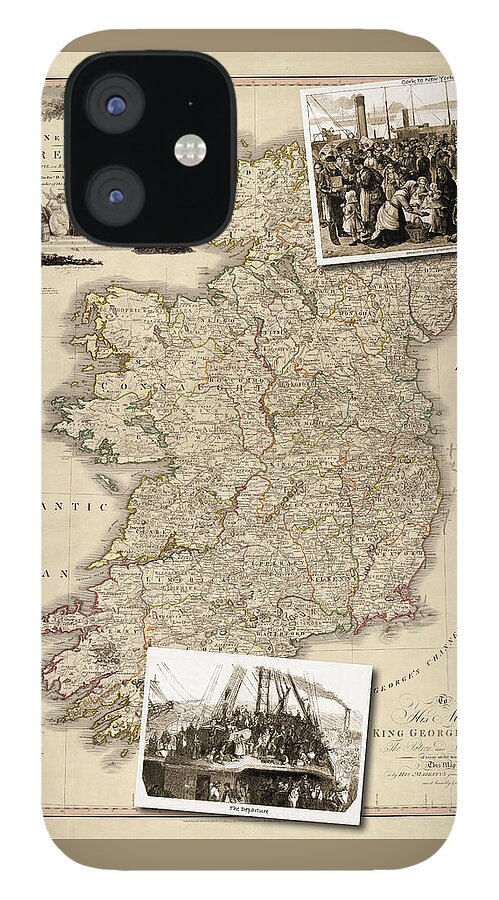 Map iPhone 12 Case featuring the photograph Vintage Map of Ireland with Old Irish Woodcuts by Karla Beatty
