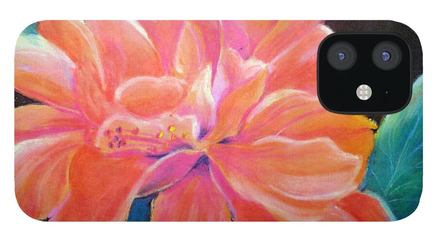 Flower iPhone 12 Case featuring the pastel Peach Double Hibiscus by Susan Kubes
