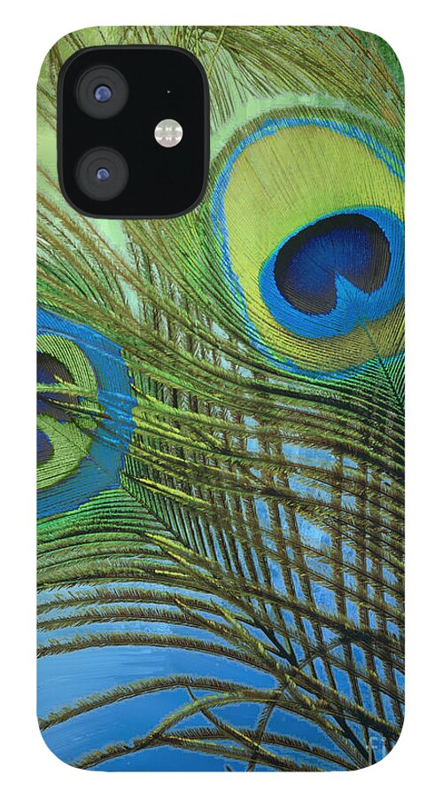 Peacock Feathers iPhone 12 Case featuring the painting Peacock Candy Blue and Green by Mindy Sommers
