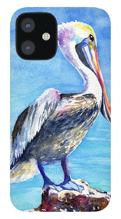 Pelican iPhone 12 Case featuring the painting Pelican on a Post by Carlin Blahnik CarlinArtWatercolor