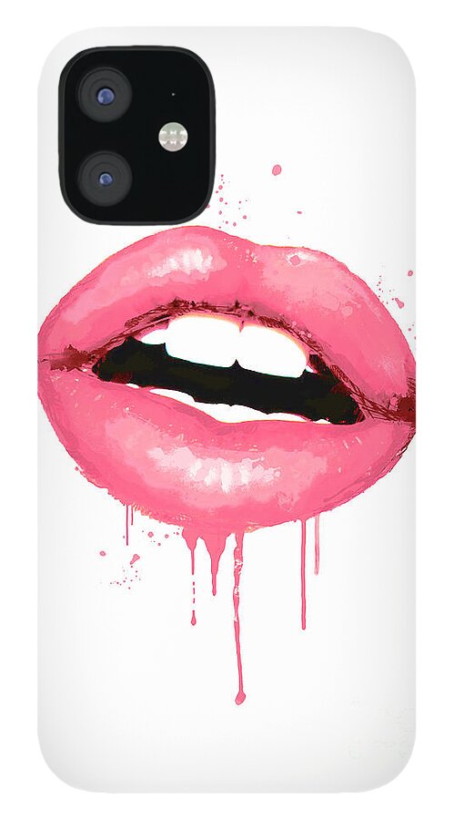 Pink Lips iPhone 12 Case featuring the digital art Pink Lips Watercolor Artwork Kiss Print Fashion Poster by White Lotus