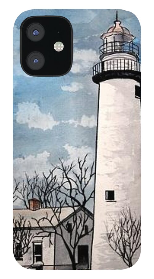 Lighthouse Painting iPhone 12 Case featuring the painting Point Aux Barques Lighthouse by Derek Mccrea