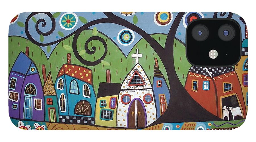Church Saltboxes Houses Village Town Tree Swirl Tree Painting Acrylic Painting Buy Art Buy Prints Sheep Barn Houses Folk Art Abstract Modern Art Contemporary Painting Original Painting Colorful Art Unique Painting Colorful Houses Blooming Tree Flowering Tree Blackbird Karla G Stripes Swirls Mountains Pillows Prints For Sale iPhone 12 Case featuring the painting Polkadot Church by Karla Gerard