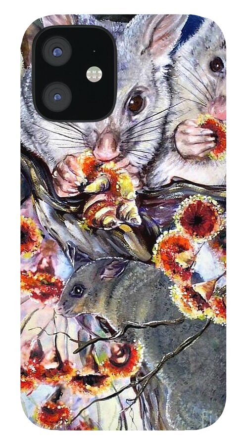 Gouache. Wildlife iPhone 12 Case featuring the painting Possum Family by Ryn Shell
