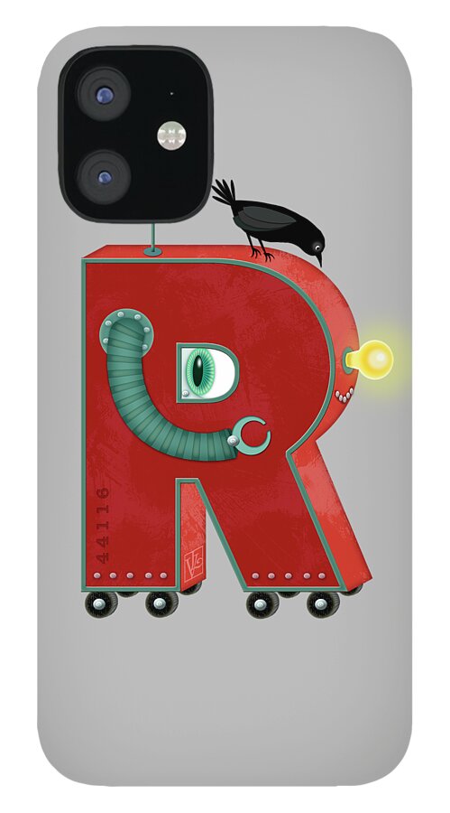 R Is For Robot iPhone 12 Case featuring the digital art R is for Robot by Valerie Drake Lesiak