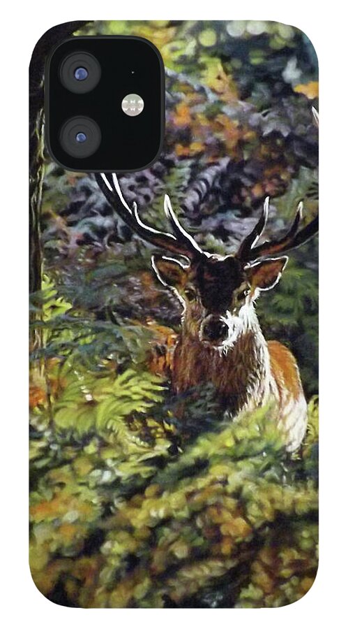 Red Deer iPhone 12 Case featuring the pastel Red Deer Stag by Linda Becker
