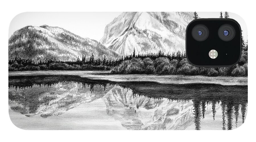 Landscape iPhone 12 Case featuring the drawing Reflections - Mountain Landscape Print by Kelli Swan