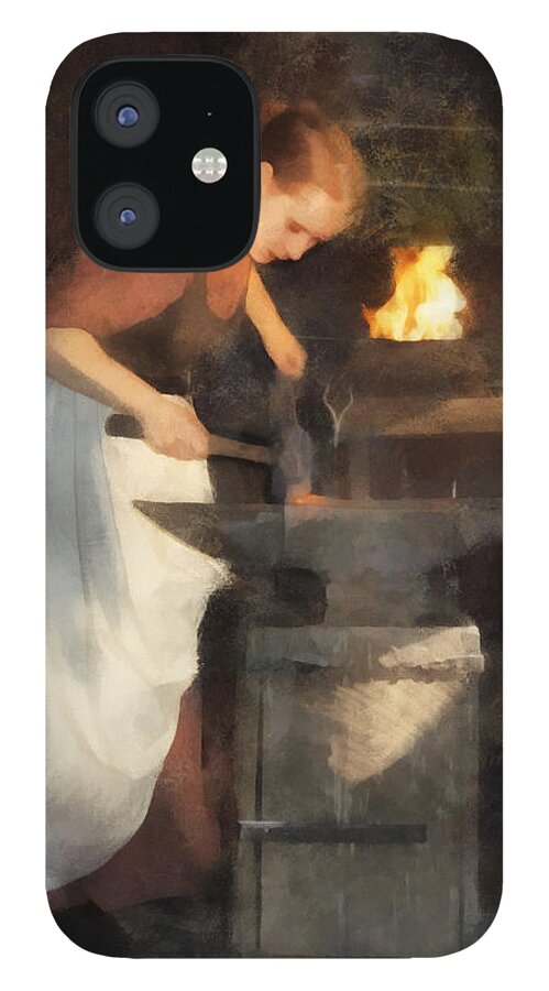 Lady Woman Girl Forge Smith Blacksmith Anvil Hammer Hammering Forging Work Worker Working Renaissance Medieval iPhone 12 Case featuring the digital art Renaissance Lady Blacksmith by Frances Miller